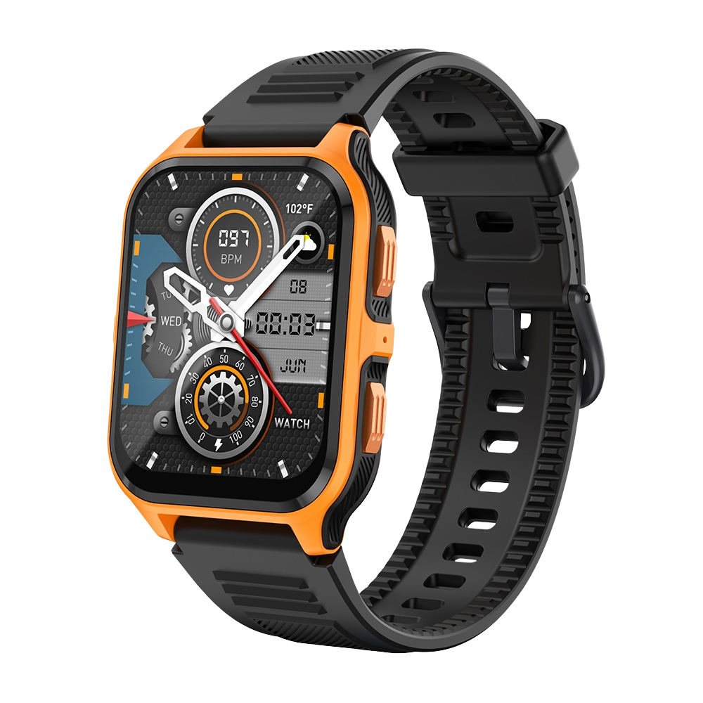 Smartwatch COLMI P73 con display da 1,9", funzione chiamate esterne, impermeabilità IP68, colore arancione e nero.