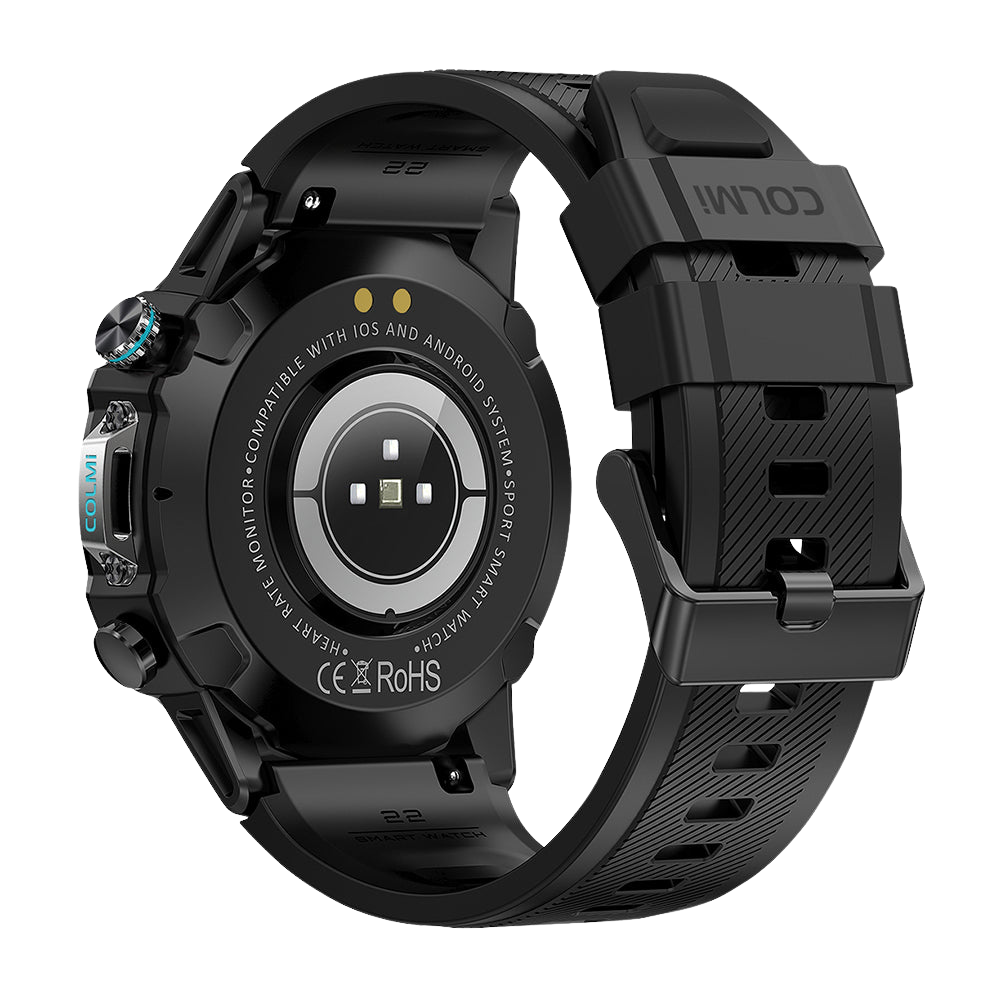 Smartwatch Colmi M42 nero visto da dietro, caratterizzato da un design sottile, oltre 100 modalità sportive e 10 giorni di autonomia della batteria.