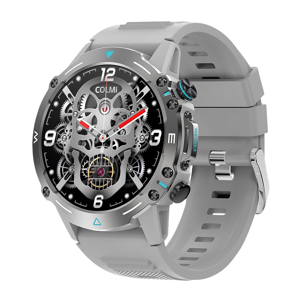 Lo smartwatch Colmi M42 color argento, visto di lato destro, mette in risalto il design sottile, le oltre 100 modalità sportive e la durata della batteria di 10 giorni.