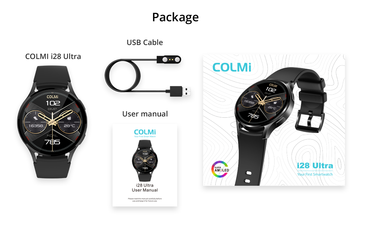 La confezione dello smartwatch Colmi i28 Ultra include l'orologio, il cavo di ricarica e gli accessori. Offre funzionalità avanzate di monitoraggio della salute, un'autonomia della batteria di 10 giorni e una certificazione di impermeabilità IP68.