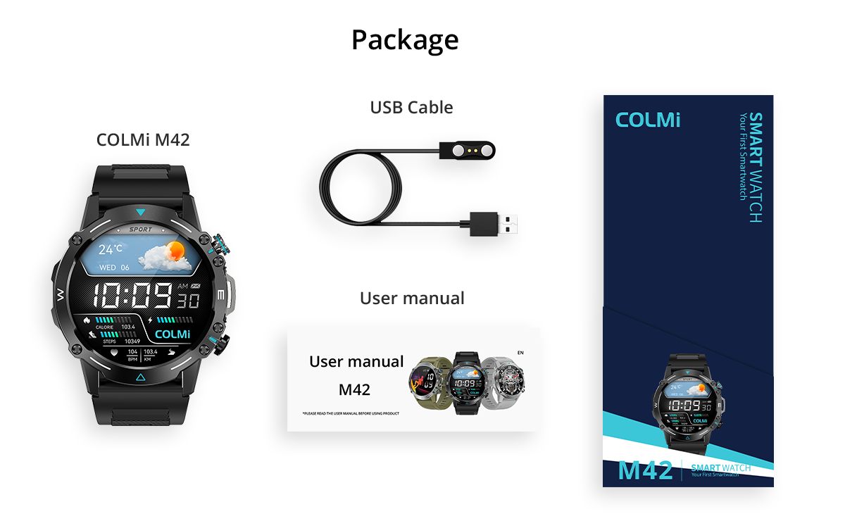 La confezione dello smartwatch Colmi M42 include l'orologio, il cavo di ricarica e gli accessori. Presenta un design sottile, oltre 100 modalità sportive e un'autonomia della batteria di 10 giorni.
