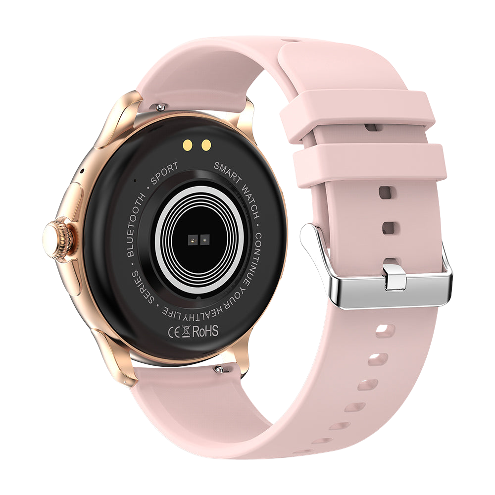 Smartwatch COLMI V72 con elegante display AMOLED, monitoraggio dell'attività fisica, impermeabilità IP68 e retro rosa.