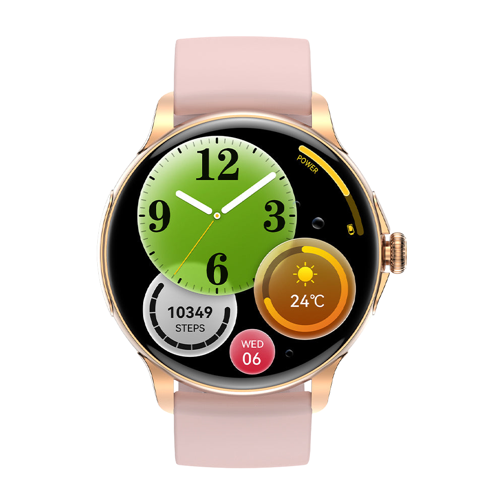 Smartwatch COLMI V72 con elegante display AMOLED, monitoraggio fitness, impermeabile IP68 e quadrante rosa.