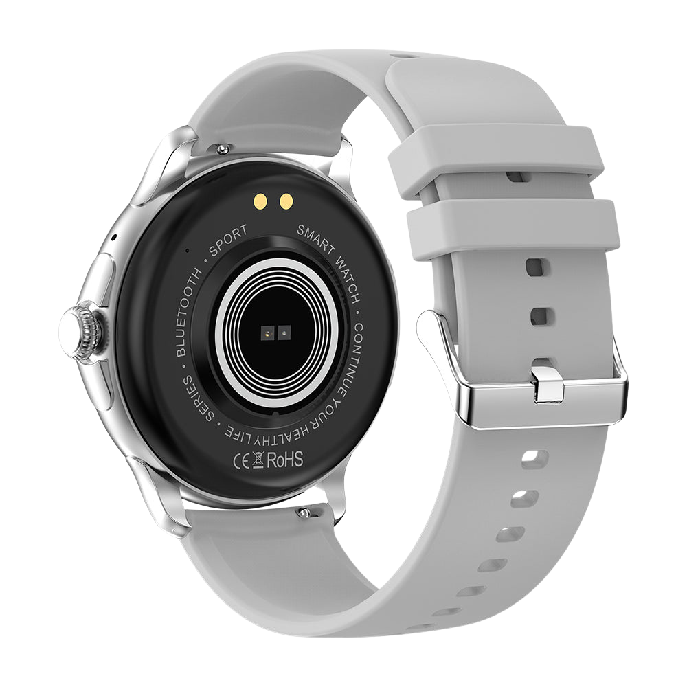 Smartwatch COLMI V72 con elegante display AMOLED, monitoraggio dell'attività fisica, impermeabilità IP68 e retro argentato.