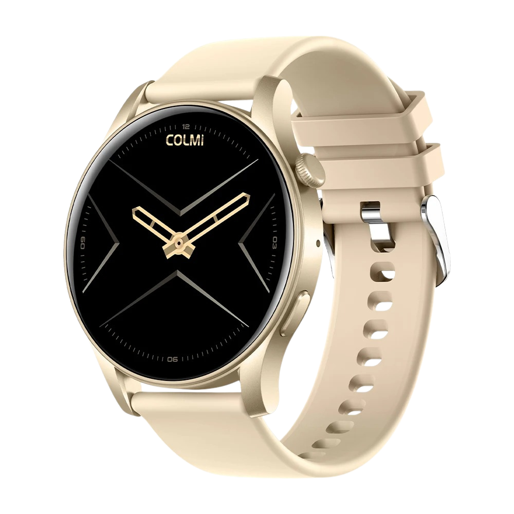 Smartwatch COLMI V73 con elegante display AMOLED, monitoraggio dell'attività fisica e impermeabilità IP68, colore oro.