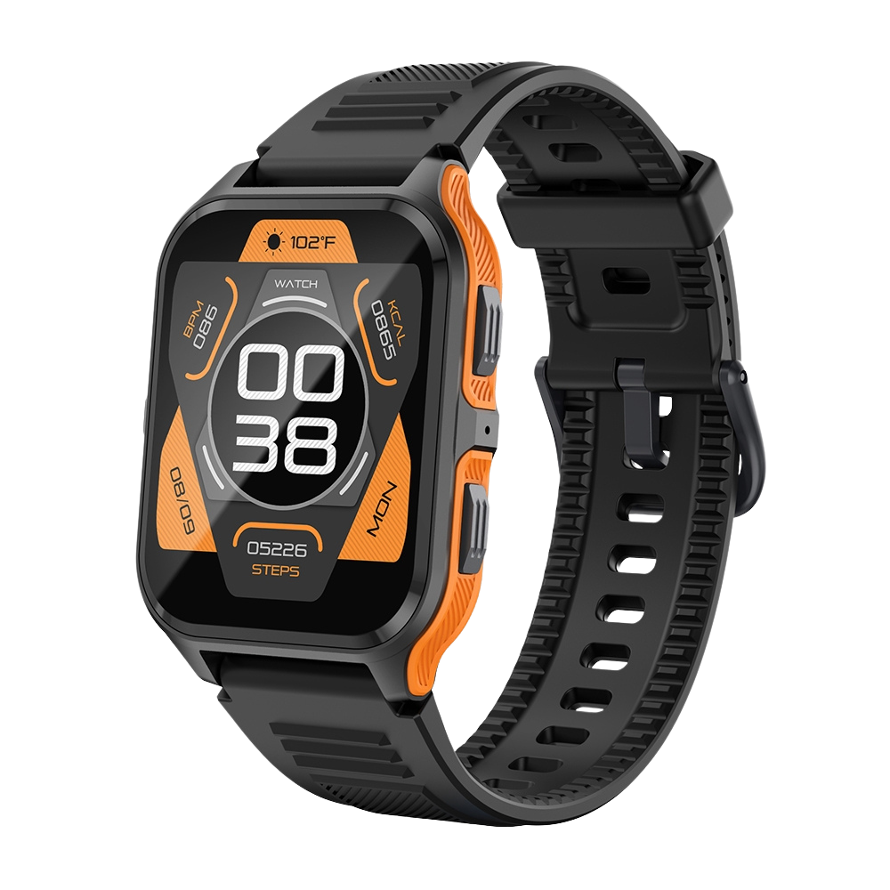 Smartwatch COLMI P73 con display da 1,9", funzione chiamate esterne, impermeabilità IP68, colore nero e arancione.