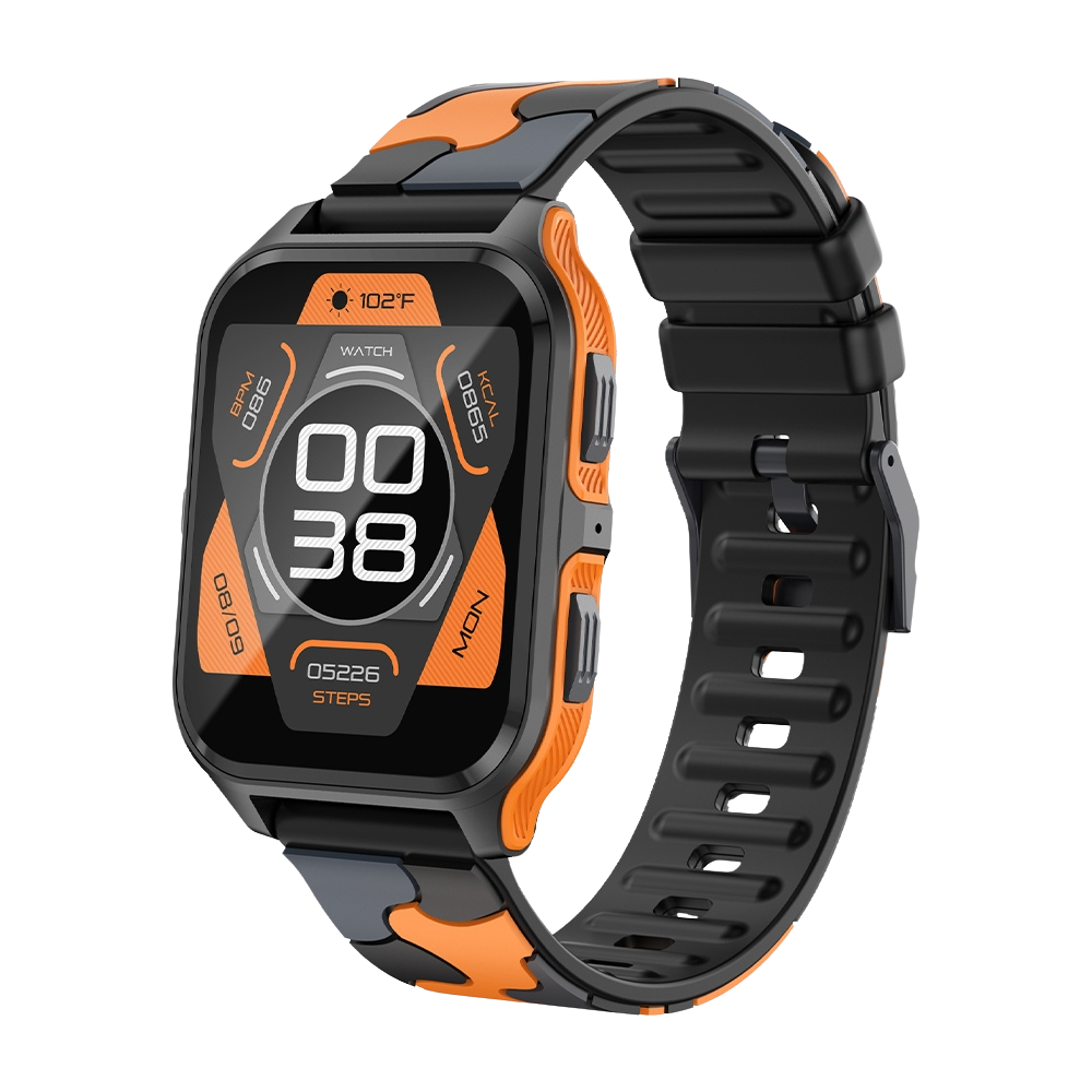 Smartwatch COLMI P73 con display da 1,9", funzione chiamate esterne, impermeabilità IP68, colore nero, arancione e mimetico.