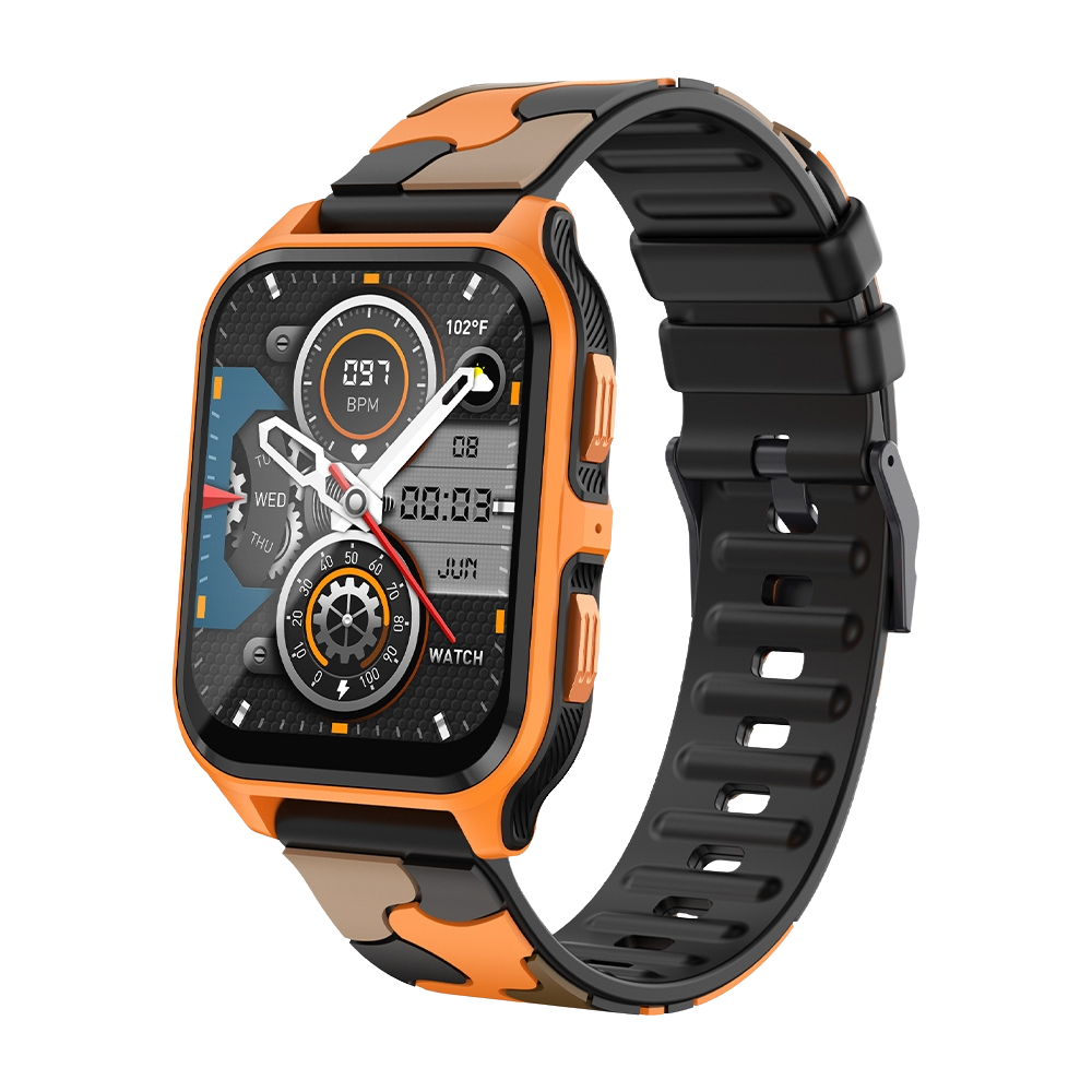 Smartwatch COLMI P73 con display da 1,9", funzione chiamate esterne, impermeabilità IP68, colore arancione e nero mimetico.