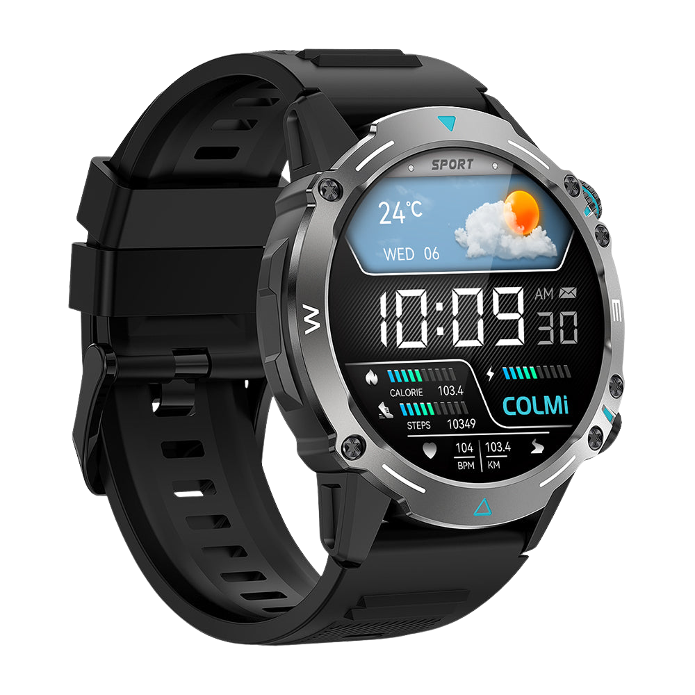 Lo smartwatch Colmi M42 nero, visto di lato sinistro, mette in evidenza il design sottile, le oltre 100 modalità sportive e la durata della batteria di 10 giorni.