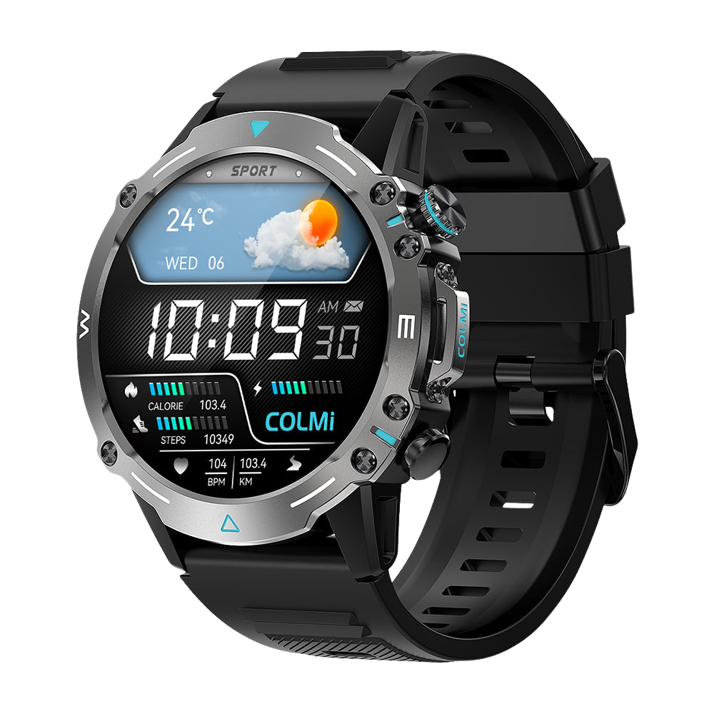 Lo smartwatch Colmi M42 nero, visto di lato destro, mette in risalto il design sottile, le oltre 100 modalità sportive e la durata della batteria di 10 giorni.