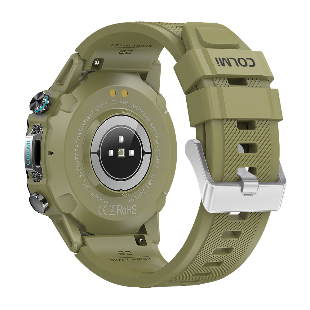 Smartwatch Colmi M42 verde visto da dietro, caratterizzato da un design sottile, oltre 100 modalità sportive e 10 giorni di autonomia della batteria.