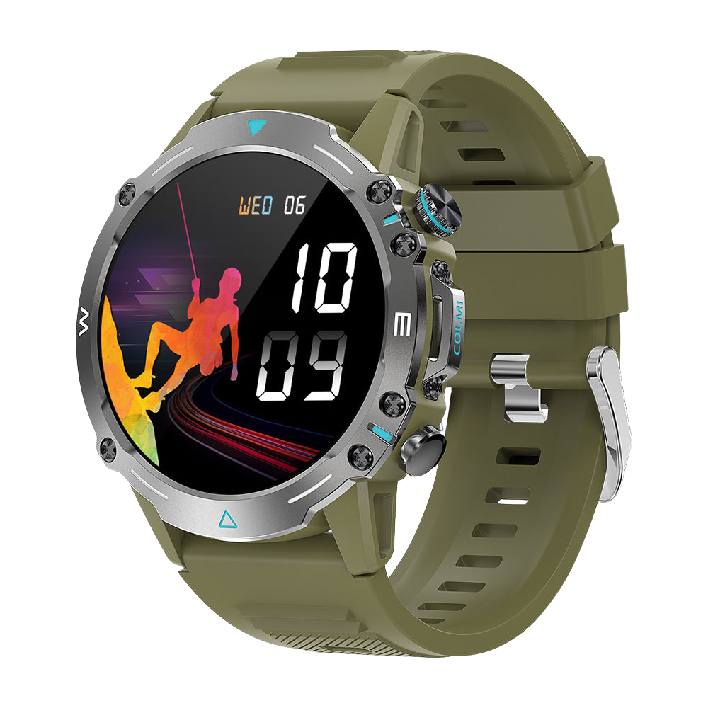 Lo smartwatch Colmi M42 verde, visto di lato destro, mette in evidenza il design sottile, le oltre 100 modalità sportive e la durata della batteria di 10 giorni.