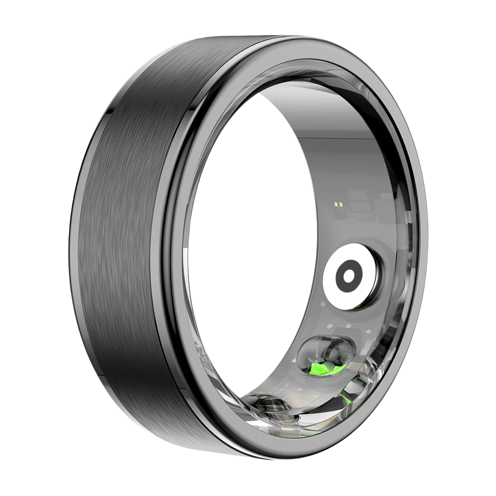 Anello smart Colmi R03 nero, visto da destra, con funzioni di monitoraggio della frequenza cardiaca, rilevamento dell'ossigeno nel sangue e design impermeabile.