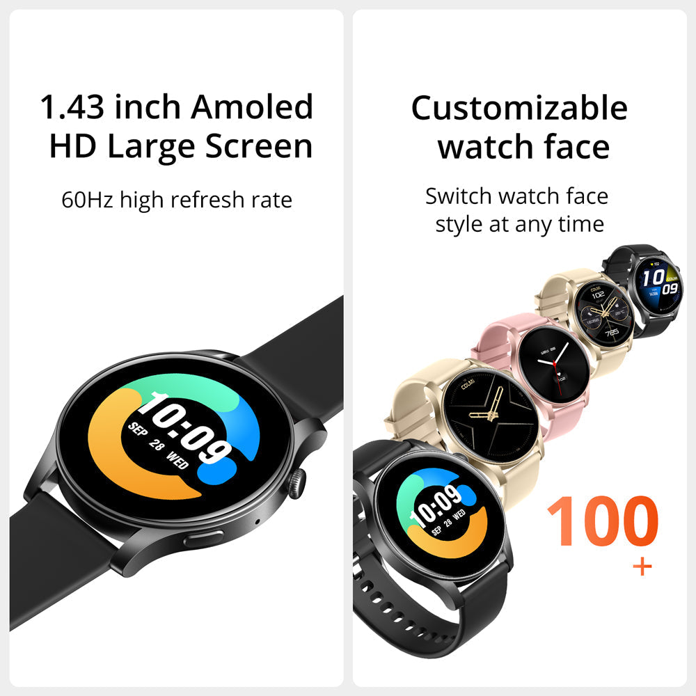 Smartwatch Colmi V73 con ampio schermo AMOLED e sfondi personalizzabili.
