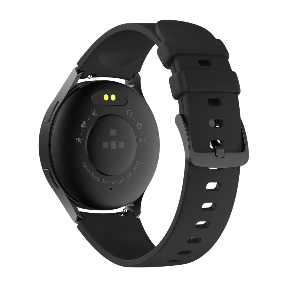 Uno smartwatch Colmi i28 Ultra nero visto da dietro, che mette in evidenza i sensori posteriori per il monitoraggio avanzato della salute, i connettori di ricarica magnetici e la certificazione di impermeabilità IP68 su uno sfondo scuro.