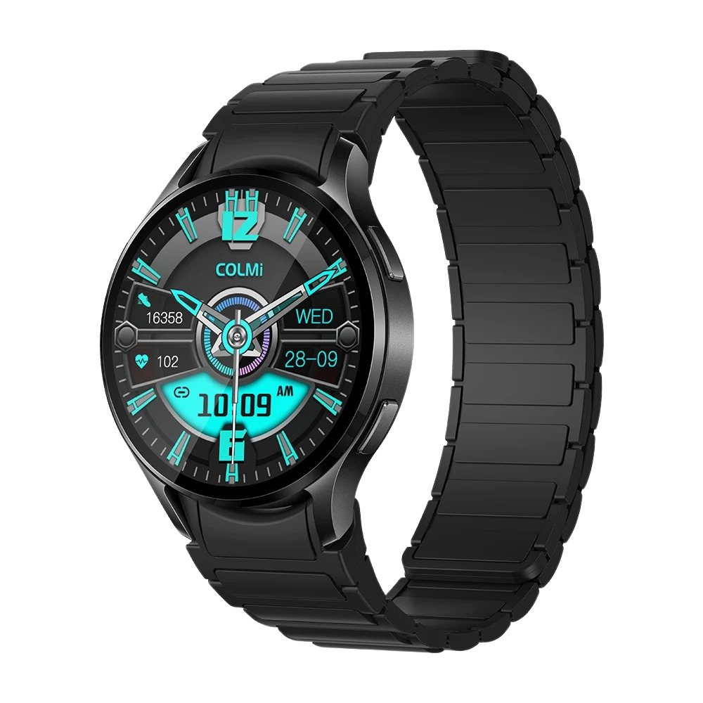 Smartwatch Colmi i28 Ultra nero con cinturino magnetico, display circolare, sensori avanzati per il monitoraggio della salute, 10 giorni di autonomia della batteria e certificazione di impermeabilità IP68.