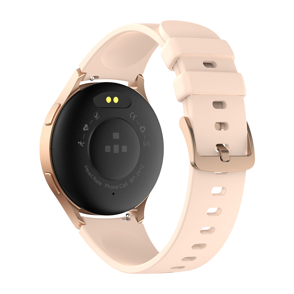 Lo smartwatch Colmi i28 Ultra color oro, visto dal retro, mostra i sensori per la salute posteriori, i contatti di ricarica magnetici e la certificazione di impermeabilità IP68.