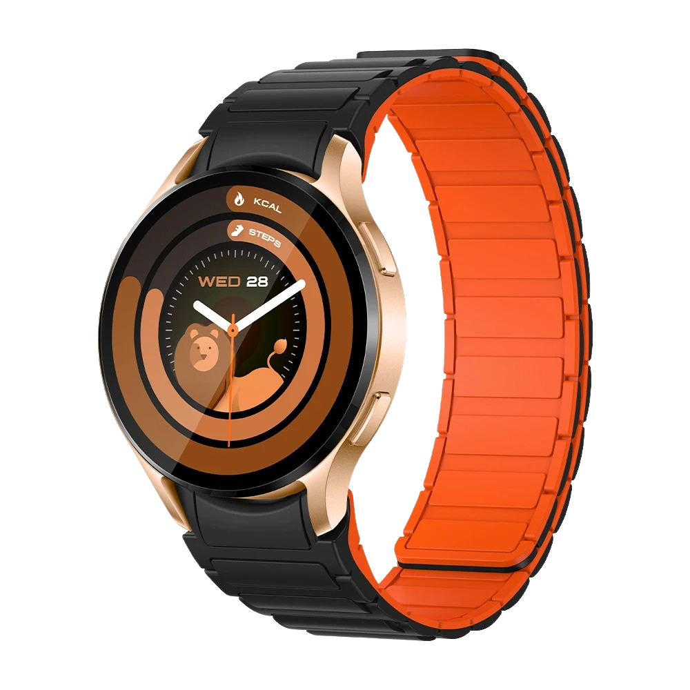 Smartwatch Colmi i28 Ultra color oro con cinturino magnetico, display circolare, sensori avanzati per il monitoraggio della salute, autonomia della batteria di 10 giorni e certificazione di impermeabilità IP68.