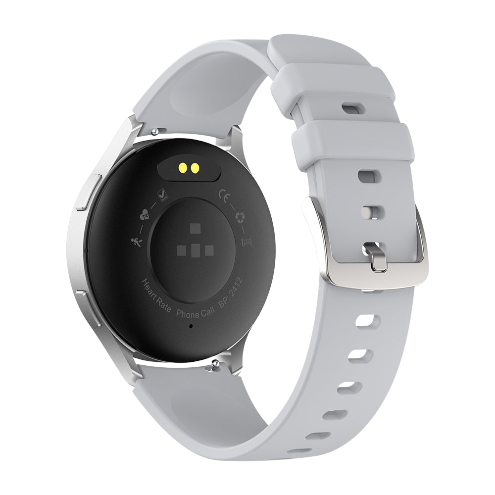 Uno smartwatch Colmi i28 Ultra color argento, visto da dietro, che mostra la serie di sensori posteriori per il monitoraggio avanzato della salute, i contatti di ricarica magnetici e la certificazione di impermeabilità IP68 su uno sfondo neutro.